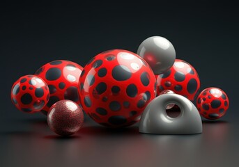 Poster - Colorful abstract spheres with red and black polka dots on a dark background