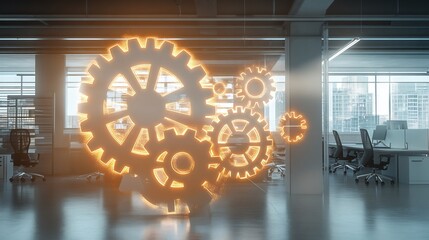 Poster - Enterprise solutions displayed radiant interconnected gears a futuristic office space