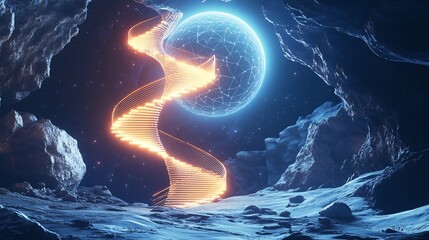 Poster - Escalation process represented radiant spiral staircase ascending into glowing orb futuristic environment