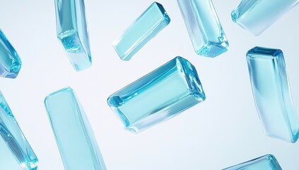 Poster - Abstract blue glass rectangles falling on white background.