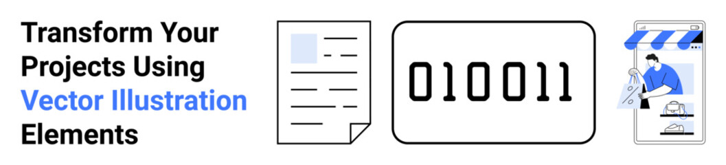 Document icon, binary code, and e-commerce storefront highlight digital content, coding, and design. Ideal for tech, business, e-learning, marketing software startups flat landing page banner