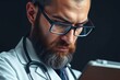 © Viktoriia - Concentrated doctor with beard and glasses is sitting at a desk and carefully reviewing patient information on a clipboard in his office