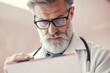© Viktoriia - Concentrated doctor with beard and glasses is sitting at a desk and carefully reviewing patient information on a clipboard in his office