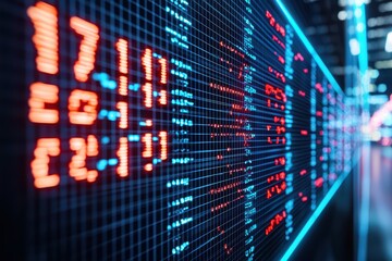 Poster - Neon Ticker Board Displaying Stock Market Information in a Futuristic City Environment