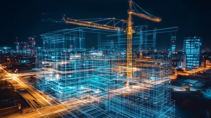 Poster - Infrastructure development shown glowing blueprint overlaying futuristic construction site