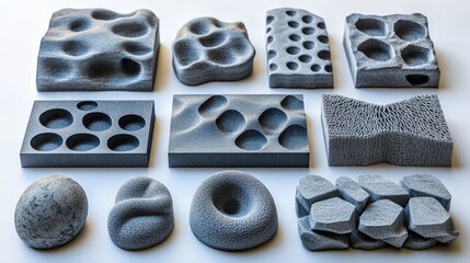Poster - Various textured surface models showcasing unique patterns and forms on a clean backdrop