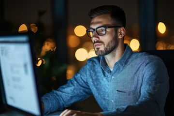 Poster - Entrepreneur Working Late in Dimly Lit Office with Computer and City Lights in Background
