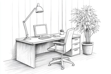 Poster - Hand-Drawn Illustration of a Modern Office Workspace with Desk and Chair in Minimalist Style