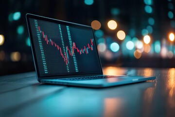 Poster - Laptop Displaying Stock Market Graphs with Blurred City Lights Background