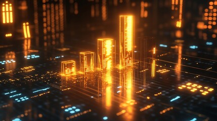 Poster - Roi graph displayed luminous golden bars rising a reflective surface surrounded by glowing numerical data