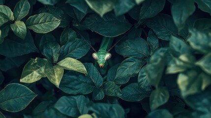Praying Mantis Hidden in Lush Green Foliage