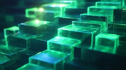 Aufkleber - Scaling visualized ascending translucent platforms glowing shades of green and blue in an abstract 3D space