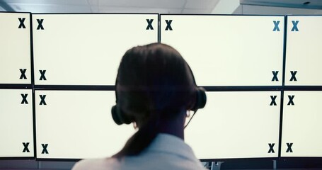 Poster - Communication, computer screen and space for surveillance with woman in CCTV control room from back. Display, security and tracking markers on monitor mockup for tracking crime with person in headset