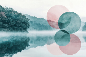 Wall Mural - Serene misty lake landscape with colorful abstract circles reflecting on water, enhancing the tranquil atmosphere with pastel tones and lush greenery in the background.