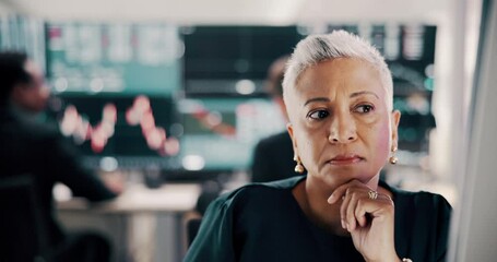 Poster - Computer, thinking and trading with mature woman in office for problem solving or vision. Idea, planning and stock market with broker or trader in finance workplace for portfolio growth or management