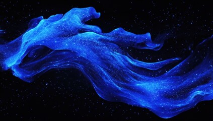 Poster - Abstract blue glowing particles flowing in dark space.