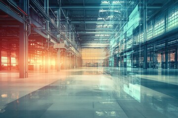 Poster - Modern High-Tech Warehouse with Digital Overlay . A large building illuminated by vibrant orange and blue lights, creating a striking visual contrast at night.
