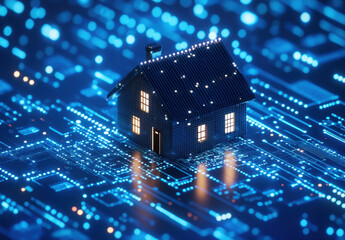 Poster - A house is positioned on a vibrant backdrop of digital data, highlighting the fusion of technology with modern living
