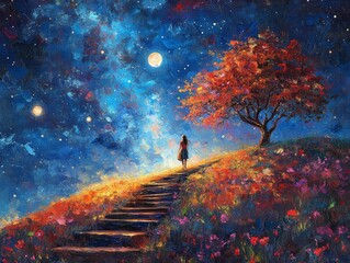 a girl walking upstairs in a starry night landscape