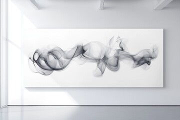 Poster - Abstract black and white painting displayed on a white wall, showcasing dynamic shapes and contrasting tones. Depict a scene where smoke transforms into a mesmerizing pattern .