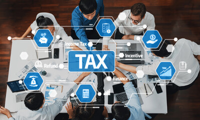 Aufkleber - Diverse business team engaging in tax planning and financial strategy discussions using digital interfaces, visual graphics, and collaborative teamwork to maximize efficiency. Amity