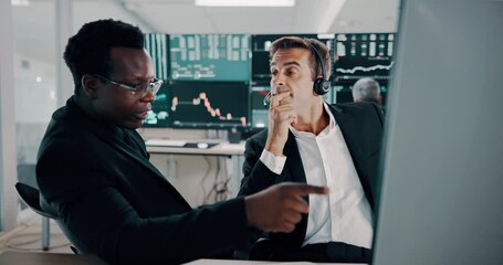 Aufkleber - Businessmen, stock market or discussion with headset for financial analysis, statistics or graphs. Male people, brokers or consultant with advice for online investment, assistance or help at office