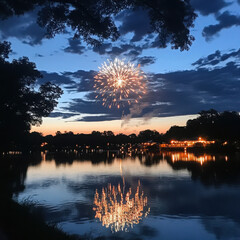 Wall Mural - Mesmerizing fireworks explode in the evening sky, reflecting beautifully on the tranquil lake below, creating a stunning spectacle of light and color against the silhouette of trees.