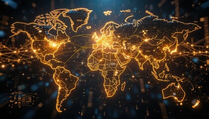 Poster - Illuminated World Map with Digital Connections and Grid Patterns