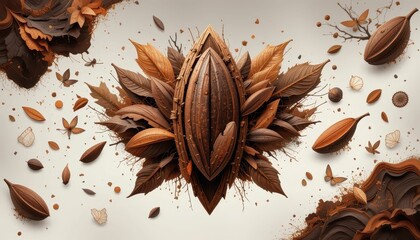 Poster - Artistic Cocoa Pod Surrounded by Leaves and Chocolate Splatter
