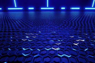 Poster - abstract blue hexagonal grid floor with neon lights.