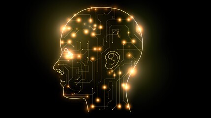 Digital human profile with circuit connections and glowing technology elements on dark background