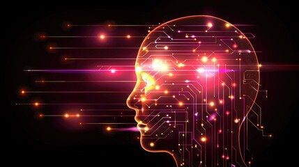 Digital human profile with circuit connections and glowing technology elements on dark background