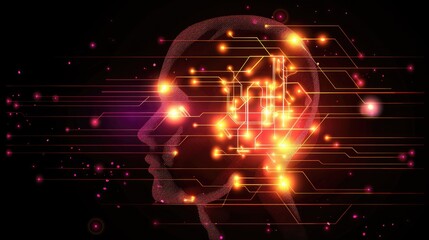 Digital human profile with circuit connections and glowing technology elements on dark background