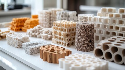 Poster - Various textured materials and shapes arranged on a table in a modern workspace showcasing design possibilities