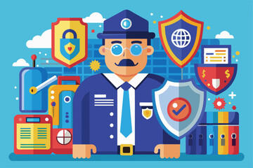 Poster - A security officer stands confidently among various symbols of security and technology, showcasing customization, Security Customizable Disproportionate Illustration