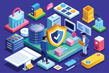  - a vibrant isometric illustration depicting various security tools and customizable options in a digi