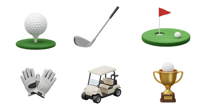 Golf Game Elements Isolated Includes Ball Club Gloves Cart Green and Trophy
