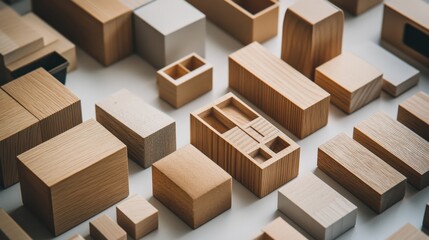 Poster - Various wooden blocks arranged artistically on a white surface showcasing different shapes and sizes