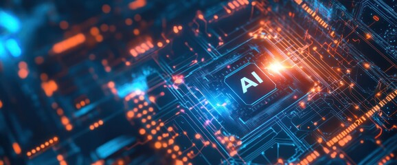 AI chip glowing, digital circuit board background, technology concept