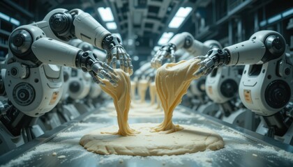 Poster - Robotic Hands Mixing Dough in High-Tech Food Production Facility