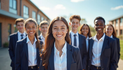group of diverse private school students stand in uniform near building. smiling teenage girls, boys