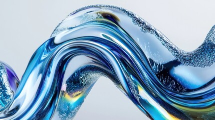 Poster - abstract blue liquid wave flowing, iridescent, glossy, 3d render.