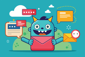 Poster - A lively monster character interacts with customizable message bubbles and an envelope, symbolizing communication, Sent message Customizable Isometric Illustration