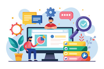 Poster - a person engages with charts and metrics on a computer in a vibrant and modern workspace setting, se