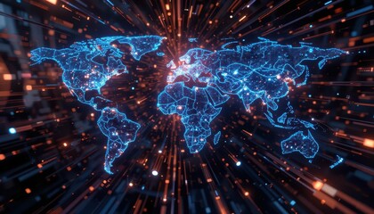 Poster - Glowing Digital World Map with Abstract Light Trails and Effects