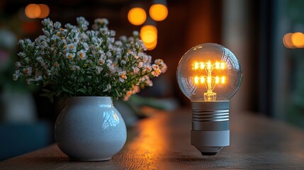 Poster - Warmly lit vintage light bulb beside a floral arrangement in a cozy caf? setting