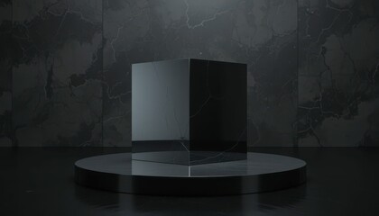 Poster - Minimalist Black Cube Displayed on Circular Base in Dark Room