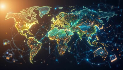 Poster - Colorful Digital World Map with Network Connections and Data Points