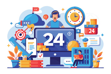 Poster - A vibrant illustration depicting a customizable service platform featuring 24/7 support, tools, and communication icons, Service 24/7 Customizable Semi Flat Illustration