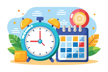 Fototapete - An animated alarm clock sits next to a calendar filled with reminders and colorful highlights of tasks, Set a schedule with an alarm trending